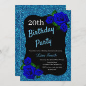 エイジ誕生日ブルーグリッター深いブルーバラ 招待状 (正面/裏面)