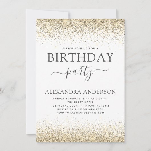 エイジ誕生日ホワイト金ゴールドグリッター モダン 招待状 (正面)