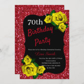 エイジ誕生日レッドグリッターイエローローズ 招待状 (正面/裏面)