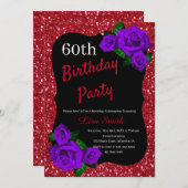 エイジ誕生日レッドグリッターパープルバラ 招待状 (正面/裏面)