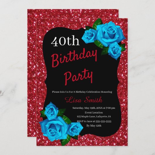 エイジ誕生日レッドグリッターブルーバラ 招待状 (正面/裏面)