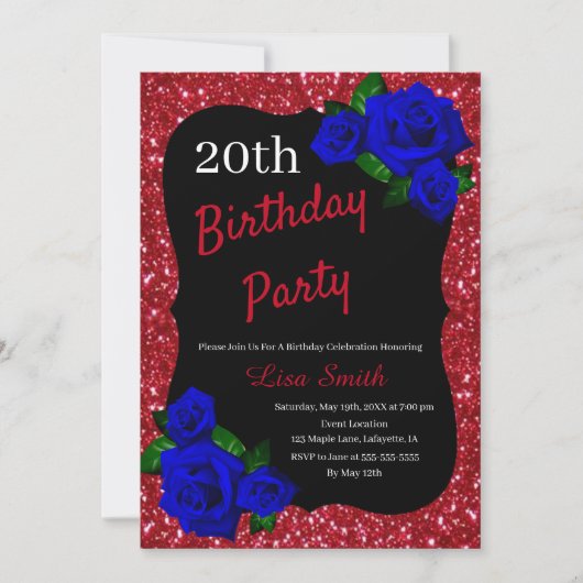 エイジ誕生日レッドグリッター深いブルーバラ 招待状 (正面)
