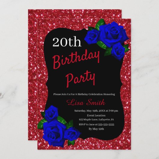 エイジ誕生日レッドグリッター深いブルーバラ 招待状 (正面/裏面)