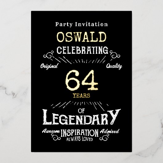 エイジ誕生日生まれ伝説的ブラック金ゴールドレトロ 箔招待状 (正面)