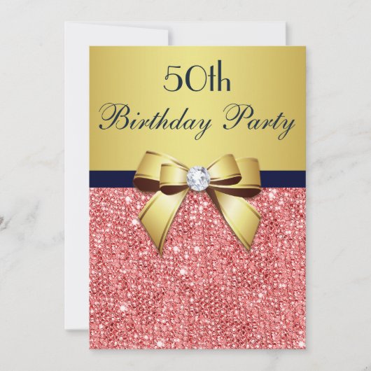 エイジ誕生日金ゴールドネイビーコーラルシークインズボウ 招待状 (正面)