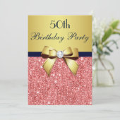 エイジ誕生日金ゴールドネイビーコーラルシークインズボウ 招待状 (スタンド正面)