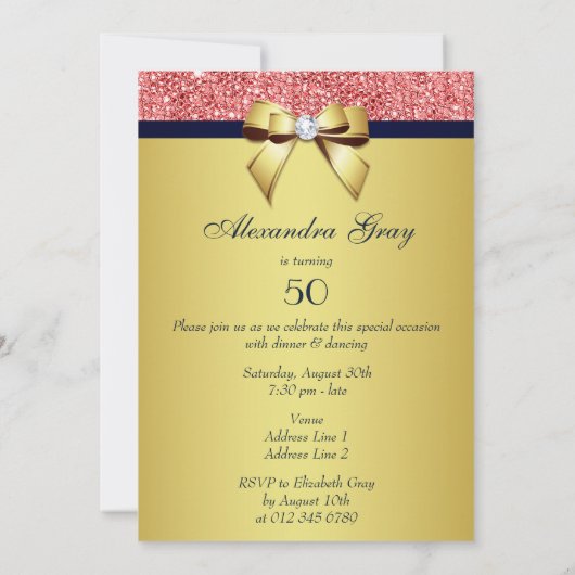 エイジ誕生日金ゴールドネイビーコーラルシークインズボウ 招待状 (裏面)