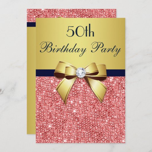 エイジ誕生日金ゴールドネイビーコーラルシークインズボウ 招待状 (正面/裏面)