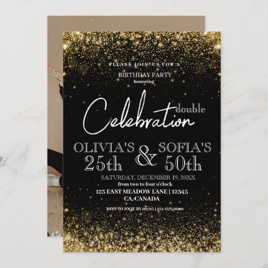 エイジ黒モダン金ゴールドグリッター誕生日パーティー 招待状 (正面/裏面)