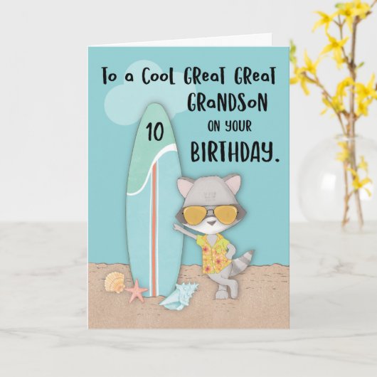 エイジ10孫素晴らし誕生日素晴らしビーチラクーン カード (黄色い花)