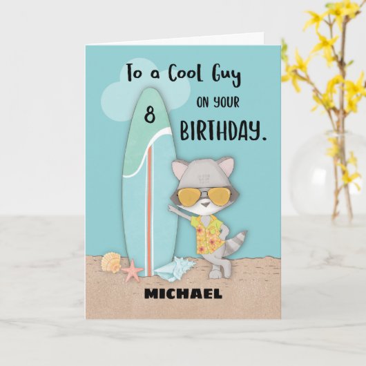 エイジ8ガイ誕生日おもしろいビーチカッコいいラクーン カード (黄色い花)
