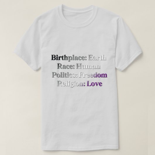 エイセクシャル・プライド - 出生地: 地球、人種: 人間 Tシャツ (デザイン正面)