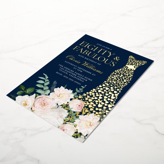 エイティイ&ファブルースネイビー&金ゴールド80誕生日 箔招待状 (回転した状態)