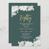 エイティエメラルドグリーン&金ゴールドホワイトフローラ誕生日 招待状 (正面/裏面)