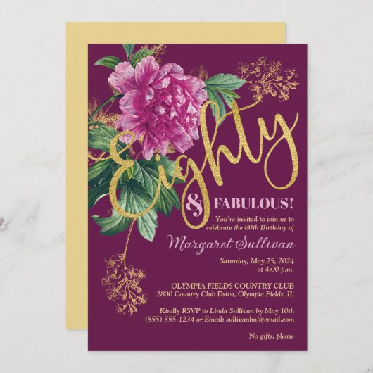 エイティスアンドファブルースピンク牡丹誕生日 招待状 (正面/裏面)