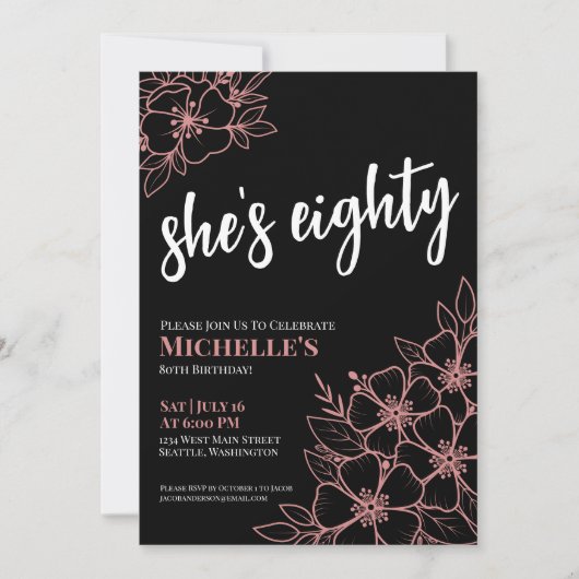 エイティブラックバラ金ゴールドピンク80th誕生日パーティー 招待状 (正面)