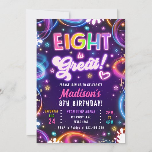 エイト素晴らしは8レトロネオングローガール誕生日 招待状 (正面)