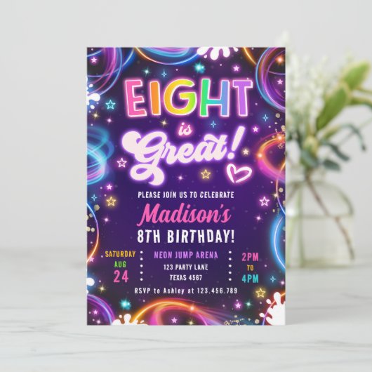エイト素晴らしは8レトロネオングローガール誕生日 招待状 (スタンド正面)