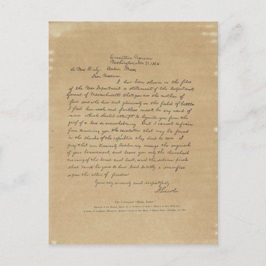 エイブラハム・リンカーン大統領のビクビー夫人への手紙 ポストカード (正面)