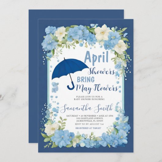 エイプリルシャワーが5月の花を持って来る青い傘 招待状 (正面/裏面)