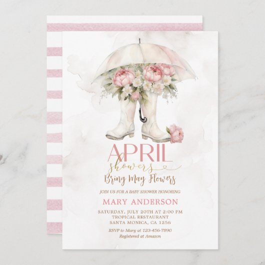 エイプリルシャワーピンクのバラの傘ブーツ 招待状 (正面/裏面)