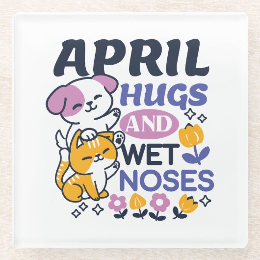 エイプリルハグとウェットノーズ – かわいい犬と猫のアート ガラスコースター (正面)