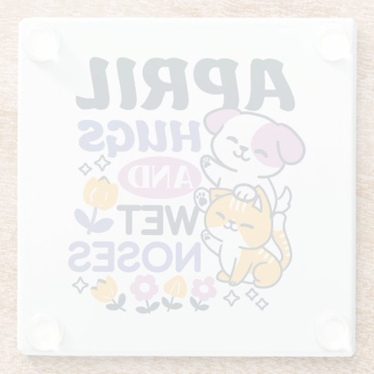 エイプリルハグとウェットノーズ – かわいい犬と猫のアート ガラスコースター (裏面)