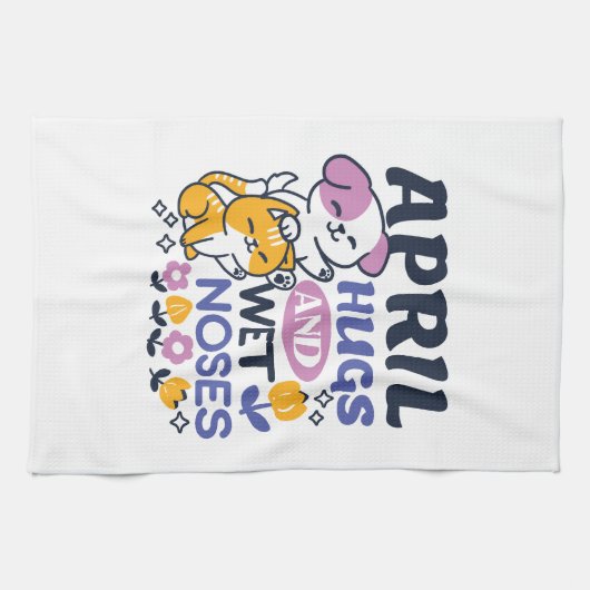 エイプリルハグとウェットノーズ – かわいい犬と猫のアート キッチンタオル (横)