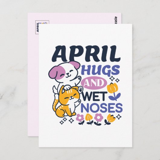 エイプリルハグとウェットノーズ – かわいい犬と猫のアート ポストカード (正面/裏面)