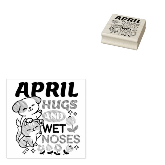 エイプリルハグとウェットノーズ – かわいい犬と猫のアート ラバースタンプ (押印)