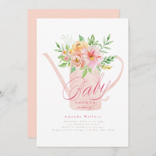 エイプリルフラワーウォーターリングカンベイビーシャワー招待状 招待状 (正面/裏面)