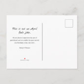 エイプリルフールズの妊娠リビール/誕生 案内ポストカード (裏面)