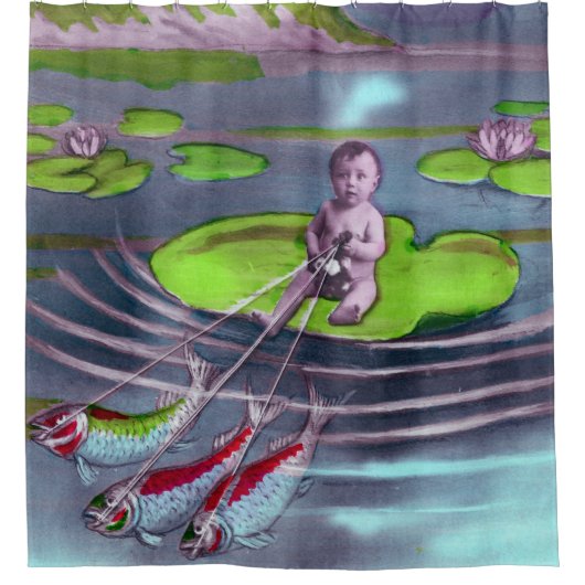 エイプリルフールヴィンテージフランスのはがき シャワーカーテン (正面)