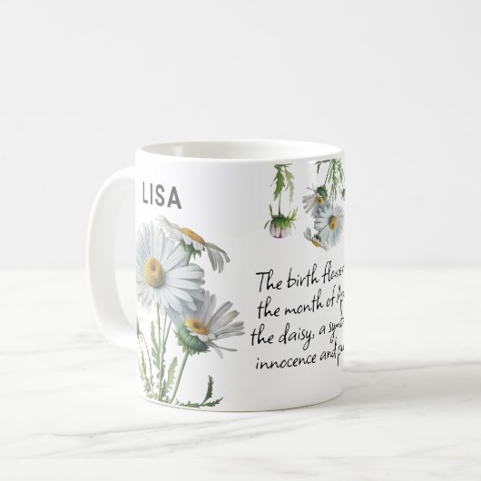 エイプリル誕生フラワーデイジー追加の名前 コーヒーマグカップ (正面左)