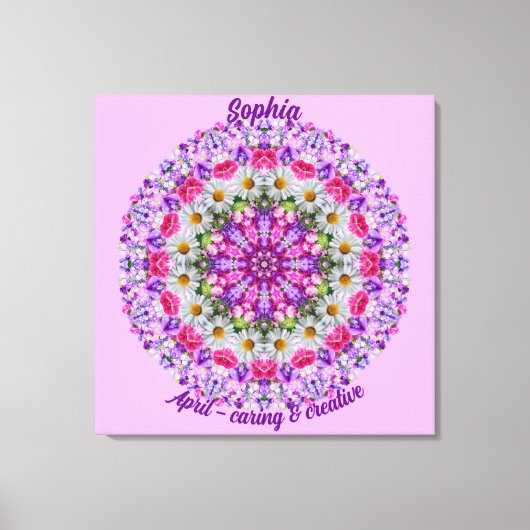 エイプリル誕生フラワーパーソナライズされたデイジーマンダラアート キャンバスプリント (正面)