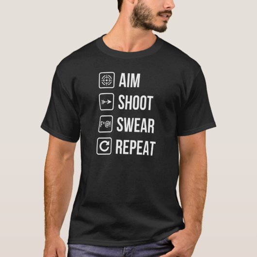 エイムシュート誓いを繰り返すアーチェリー人生のジョーク Tシャツ (正面)