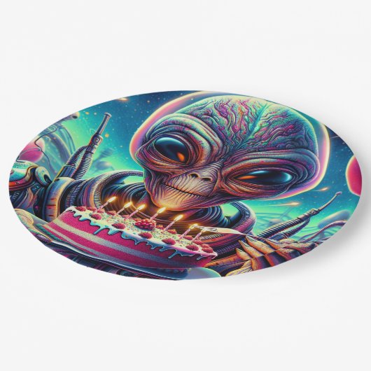 エイリアンおもしろいをテーマにした誕生日パーティー ペーパープレート (アングル)