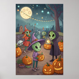 エイリアンが地球でハロウィンを祝う – 宇宙のコスチューム ポスター