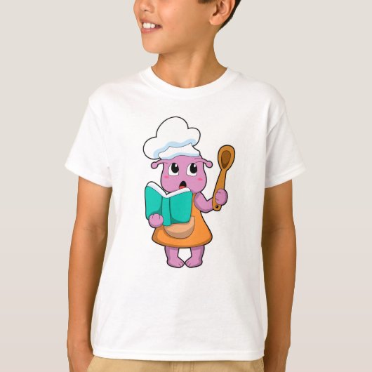 エイリアンが料理人で料理本持ち Tシャツ (正面)
