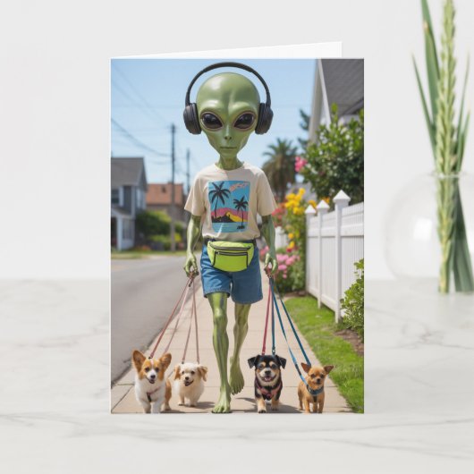 エイリアンが犬の散歩をするカード シーズンカード (正面)