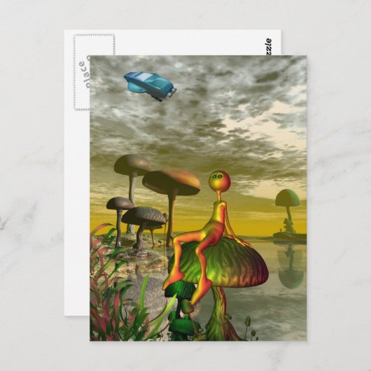 エイリアンが空でエアカーを見ている ポストカード (正面/裏面)