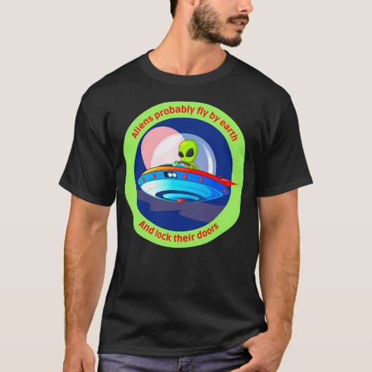 エイリアンが飛んでドアを閉める Tシャツ (正面)
