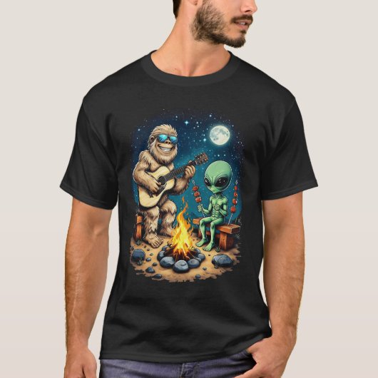 エイリアンとモンキー遊のギター冷却キャンプファイア Tシャツ (正面)