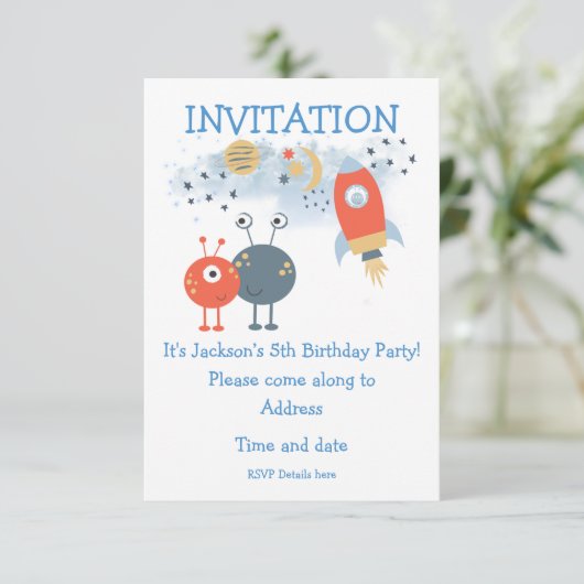 エイリアンと宇宙船カートゥーン誕生日招待状 招待状 (スタンド正面)