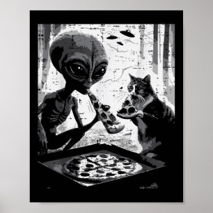 エイリアンと猫食べのピザのおもしろいおやつ男 ポスター