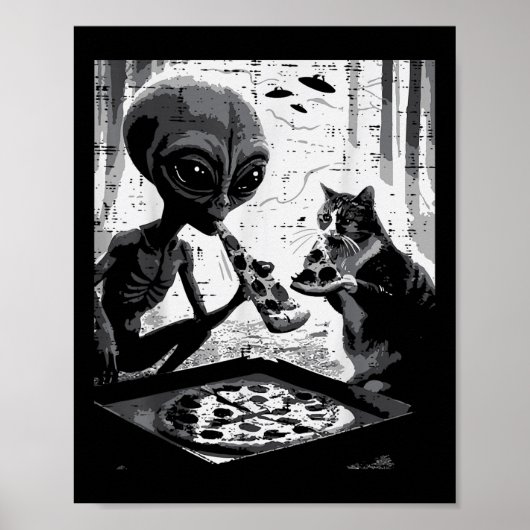 エイリアンと猫食べのピザのおもしろいおやつ男 ポスター (正面)
