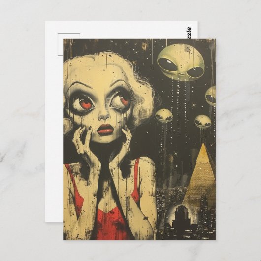 エイリアンと赤いドレスの女性サイエンスフィクションファンタジー ポストカード (正面/裏面)