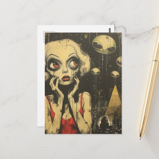 エイリアンと赤いドレスの女性サイエンスフィクションファンタジー ポストカード (正面/裏面インサイチュ)