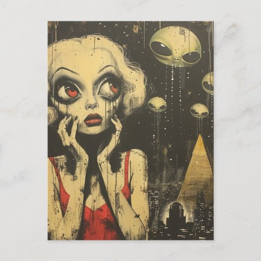 エイリアンと赤いドレスの女性サイエンスフィクションファンタジー ポストカード (正面)