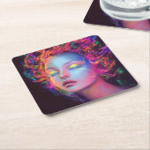 エイリアンのコスミックヘアの女性 スクエアペーパーコースター (アングル)